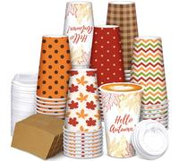 Sosation 90 Pieces/30 Sets Hello Autumn Paper Coffee Cups Disposable Fall Cups with Lids and Sleeves Maple Leaves Beverage Paper Tumbler for Hot Cold Drinks Autumn Thanksgiving Party (12 oz)