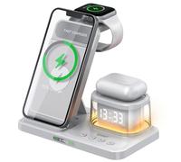 SOSHOT 5 in 1 Foldable Wireless Fast Charger with Night Light Transparent Clock for Apple Devices for iPhone 16 15 14 13 12 11 Pro Max Apple Watch AirPods Series for Apple Watch for Airpods - White
