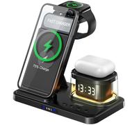 SOSHOT 5 in 1 Foldable Wireless Fast Charger with Night Light Transparent Clock for Apple Devices for iPhone 16 15 14 13 12 11 Pro Max Apple Watch AirPods Series for Apple Watch for Airpods - Black