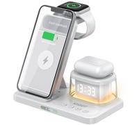SOSHOT 5 in 1 Wireless Charger with Clock Night Light Alarm Clock for Apple Devices for iPhone 15 14 13 12 11 Pro Max Apple Watch AirPods Series for Apple Watch for Airpods - White