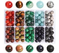 SOSMAR 170pcs Stone Beads, 10mm Crystal Round Beads for Jewelry Making, Lava Bead/Tiger Eye/Red Agate/Aquamarine/Jasper Craft Beads for Bracelet Necklace Making, 10 Colours DIY Smooth Stone