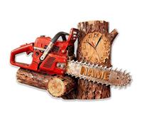 SosnSusn Personalized Chainsaw Logging Themed Wall Clock Custom Name Chainsaw Themed Clock, 2D Acrylic Logging Wall Art Decor for Home Living Room Bedroom Office, Christmas Birthday Gifts for Men Dad