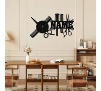 SosnSusn Personalized Metal Unique Hairdresser Wall Hanging Clock Custom Text Salon Barber Shop Wall Art Clock Personalized with Name Modern Design Barber Shop Business