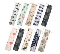 Sosoport 10Pcs Japanese Style Cotton Linen Drawstring Tableware Bags with Unique Patterns Portable Fork Spoon Storage Pouches for Travel Picnic Camping Office Use