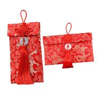 Sosoport 2pcs Traditional Chinese New Year Red Envelopes with Brocade Satin Fabric, Gold Dragon Vertical and Horizontal Jade Pendant Knots, Festival Lucky Money Packets for Wedding and