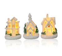 Sosoport 3pcs Glowing Christmas House Lighted Mini Resin Village Houses White Decor for Winter Holiday Party Centerpieces Craft Supplies