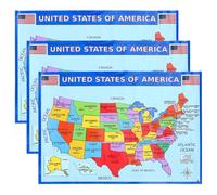 Sosoport 3Pcs Laminated United States Map Posters for Classroom and Home Wall Decoration, Waterproof Educational Usa Map Poster with Double-Sided Print for and Adults