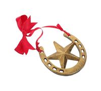 Sosoport Cast Iron Horseshoe Wall Decoration with Star and Red Bowknot, 4.3x4 Rustic Metal Horseshoe for Good Luck Charm, Wrought Iron Wall Art Accent for Home Décor