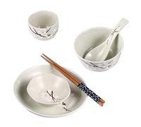 Sosoport Japanese Style Tableware Set for One Person Household Ceramic Dinnerware with Bowl Plate Cup Dish Spoon Chopsticks Practical Blossom Patterned Tableware Kit