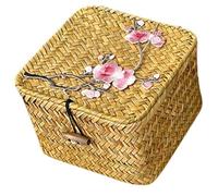 Sosoport Large Wicker Storage Basket with Lid, Medium Peach Blossom Pattern Rattan Organizer for Desktop, Makeup, Sewing Supplies, and Household Storage