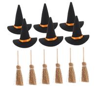 Sosoport Miniature Felt Witch Hat and Handwoven Broomstick Set Halloween Decorations for Home Office School Reusable Mini Hats and Brooms for DIY Craft Projects Compact Festive Accessories
