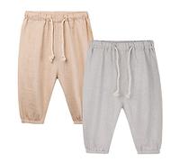 SOSOUL 2 Pack Baby Boys Cotton and Linen Harem Pants Drawstring Summer Kids Casual Pull-On Bloomers Trousers Jogger