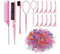 SOSPIRO 1000pcs Elastic Hair Bands with 10pcs Clips, 3pcs Brush, 2pcs Topsy Tail Tool, Colorful Rubber Ties & Braiding Accessories for Kids & Women's Hair Styling