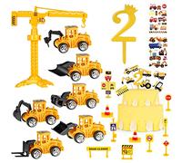 SOSPIRO Digger Cake Toppers, Tractor Cake Topper for 2 Year Old, Mini Construction Digger Truck Excavator Birthday Decoration with Road Toy Sign Construction Vehicle Stickers for 2nd Boys Kids