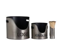 Pewter Finish Logs And Kindling Buckets & Matchstick Holder