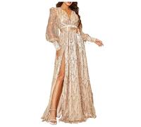 Sosy Women's Deep V-Neck Sequin Evening Dress - Long Sleeve, High Split, Lace Up Glitter Maxi Dress - Gold