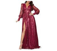 Sosy Women's Deep V-Neck Sequin Evening Dress - Long Sleeve, High Split, Lace Up Glitter Maxi Dress - Red