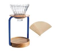 SOTECH Pour Over Gloss Blue Coffee Station Dripper Stand Glass Coffee Filter Wooden Coffee Filter Holder with Paper Coffee Filters,Coffee Maker Stand Set for Coffee Tea and Saffron