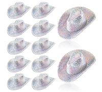 Sotiff Mini Disco Cowboy Hat Tiny Light up Holographic Space Hat Neon Party Decor for Party Doll, 12 Pcs(Silver)