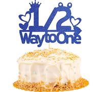 Sotpot 1/2 Half Way to One Cake Topper 6 Months Cake Topper for Boy Baby's Half Birthday Party Baby Shower Cake Decorations Blue Glitter