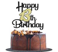 Sotpot 1 Pack Black&Gold Glitter 13th Cake Topper, 13th Birthday Cake Decorations for Birthday Party Anniversary Party Supplies