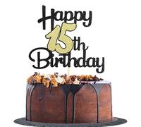 Sotpot 1 Pack Black&Gold Glitter 15th Cake Topper, 15th Birthday Cake Decorations for Birthday Party Anniversary Party Supplies