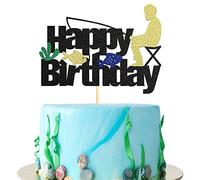Sotpot 1 pcs Glitter Gone Fishing Birthday Cake Topper, Fisherman Cake Decoration for Men Boy Baby Bobber Fish Little Fisherman Themed Birthday Party Supplies