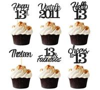 Sotpot 13th Birthday Cupcake Toppers, 24 Pcs Black Glitter Fabulous/Cheers/Hello 13 Cupcake Picks Birthday Party Cupcake Decorations (6 Styles)