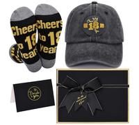 Sotpot 18th Birthday Gift Set for Boys, Vintage Washed Black Cap Gold Foil Patch, 18th Socks, Gold Foil Card & Metallic Edged Gift Box, Gifts for Son, Brother
