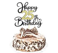 Sotpot 1PC 25th Birthday Cake Topper Black Gold Glitter Cake Pick with Heart Pattern Cake Decoration for Happy 25th Birthday Party Decorations Supplies