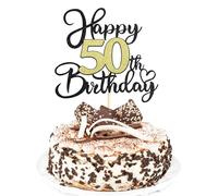 Sotpot 1PC 50th Birthday Cake Topper Black Gold Glitter Cake Pick with Heart Pattern Cake Decoration for Happy 50th Birthday Party Decorations Supplies