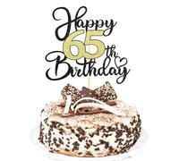 Sotpot 1PC 65th Birthday Cake Topper Black Gold Glitter Cake Pick Heart Pattern Cake Decoration for Happy 65th Birthday Milestone Party Celebration Supplies