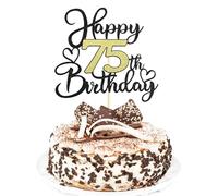 Sotpot 1PC 75th Birthday Cake Topper Black Gold Glitter Cake Pick with Heart Pattern Cake Decoration for Happy 75th Birthday Party Decorations Supplies