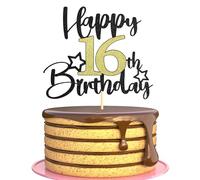 Sotpot 1PC Happy 16th Birthday Cake Topper with Star Pattern Black Gold Glitter Cake Pick Cake Decoration for 16th Birthday Theme Party Cake Decorations Supplies