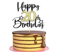 Sotpot 1PC Happy 20th Birthday Cake Topper with Star Pattern Black Gold Glitter Cake Pick Cake Decoration for 20th Birthday Theme Party Cake Decorations Supplies