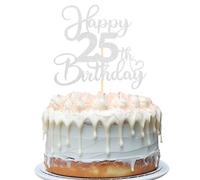 Sotpot 1PC Happy 25th Birthday Cake Topper Double-sided Silver Glitter Cake Pick Cake Decoration for 25th Birthday Anniversary Party Supplies