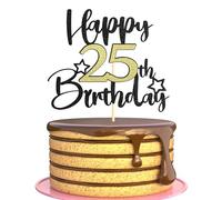 Sotpot 1PC Happy 25th Birthday Cake Topper with Star Pattern Black Gold Glitter Cake Pick Cake Decoration for 25th Birthday Theme Party Cake Decorations Supplies