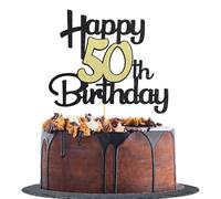Sotpot 1PC Happy 50th Birthday Cake Topper Black Gold Glitter Cake Decoration for 50th Milestone Birthday Anniversary Party Supplies