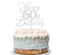 Sotpot 1PC Happy 60th Birthday Cake Topper Double-sided Silver Glitter Cake Pick Cake Decoration for 60th Birthday Anniversary Party Supplies