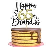 Sotpot 1PC Happy 65th Birthday Cake Topper with Star Pattern Black Gold Glitter Cake Decoration for 65th Milestone Birthday Theme Party Supplies