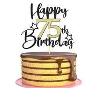 Sotpot 1PC Happy 75th Birthday Cake Topper with Star Pattern Black Gold Glitter Cake Pick Cake Decoration for 75th Birthday Theme Party Cake Decorations Supplies