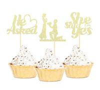 Sotpot 24PCS He Asked She Said Yes Cupcake Toppers With Heart Gold Glitter for Wedding Bridal Shower Wedding Engagement Party Cake Decorations