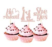 Sotpot 24PCS He Asked She Said Yes Cupcake Toppers With Heart Rose Gold Glitter for Wedding Bridal Shower,Wedding Engagement Party Cake Decorations