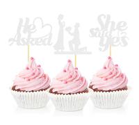 Sotpot 24PCS He Asked She Said Yes Cupcake Toppers With Heart Silver Glitter for Wedding Bridal Shower Wedding Engagement Party Cake Decorations