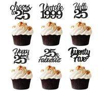 Sotpot 25th Birthday Cupcake Toppers, 24 Pcs Black Glitter Fabulous/Cheers/Hello 25 Cupcake Picks Birthday Party Cupcake Decorations (6 Styles)