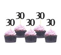 Sotpot 30 Pack Happy 30th Cupcake Toppers 30 Birthday Cake Decorations for 30th Birthday Wedding Anniversary Party Supplies Black Glitter