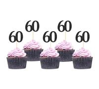Sotpot 30 Pack Happy 60th Cupcake Toppers 60 Birthday Cake Decorations for 60th Birthday Wedding Anniversary Party Supplies Black Glitter