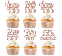 Sotpot 30PCS Happy 55th Birthday Cupcake Toppers Rose Gold Glitter 55 Fabulous Cheers to 55 Cupcake Decorations for 55th Birthday Anniversary Party Supplies