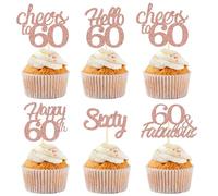 Sotpot 30PCS Happy 60th Birthday Cupcake Toppers Rose Gold Glitter 60 Fabulous Cheers to 60 Cupcake Decorations for 60th Birthday Anniversary Party Supplies