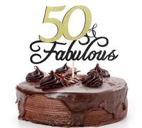 Sotpot 50 Fabulous Birthday Cake Topper Black Gold Glitter Cake Pick for 50th Happy Birthday Anniversary Wedding Party Supplies
